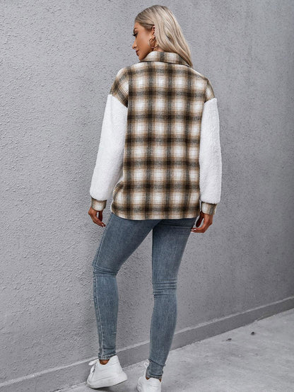 Plaid Collared Neck Button Down Jacket - Vesteeto