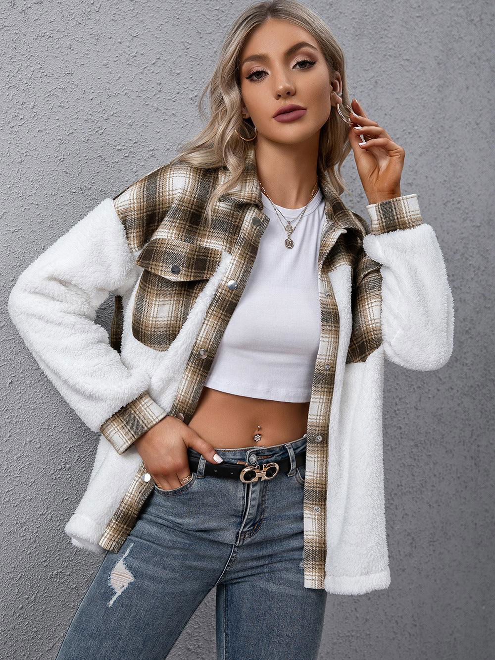 Plaid Collared Neck Button Down Jacket - Vesteeto