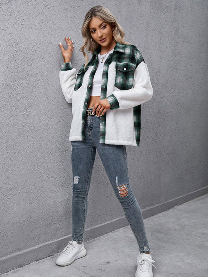 Plaid Collared Neck Button Down Jacket - Vesteeto