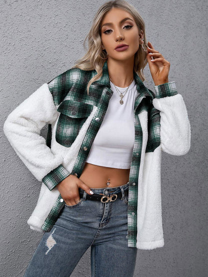 Plaid Collared Neck Button Down Jacket - Vesteeto