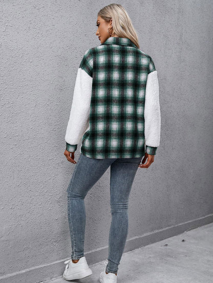 Plaid Collared Neck Button Down Jacket - Vesteeto