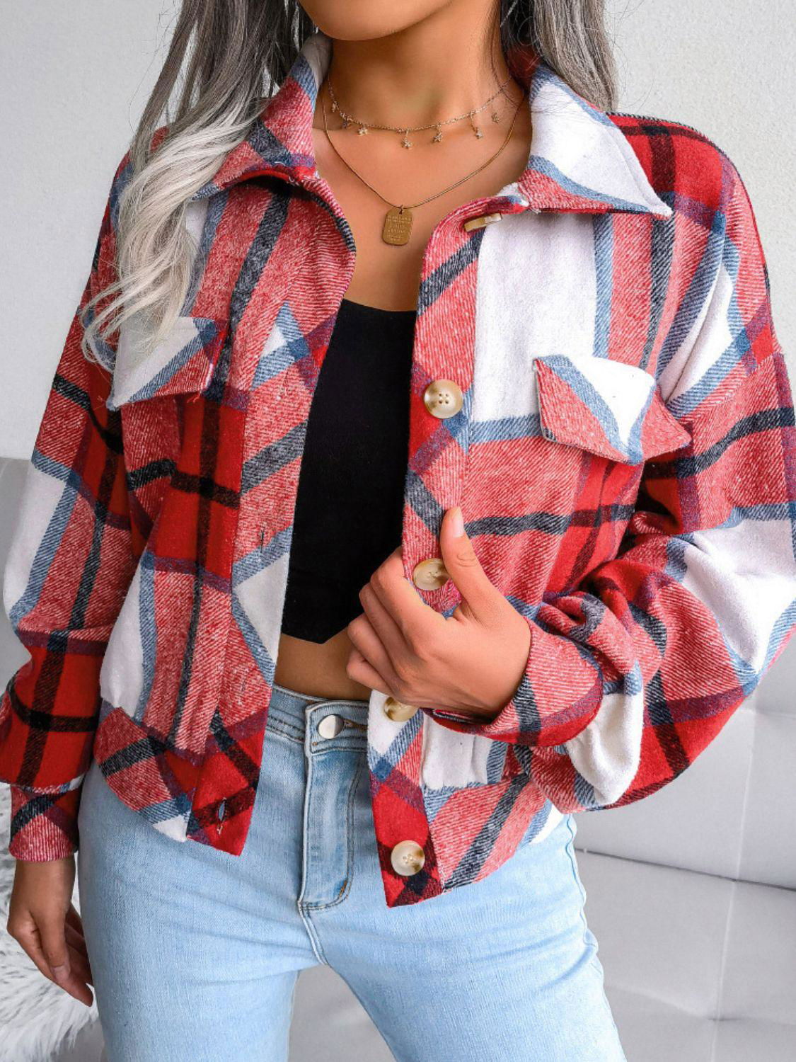 Plaid Collared Neck Drop Shoulder Jacket - Vesteeto