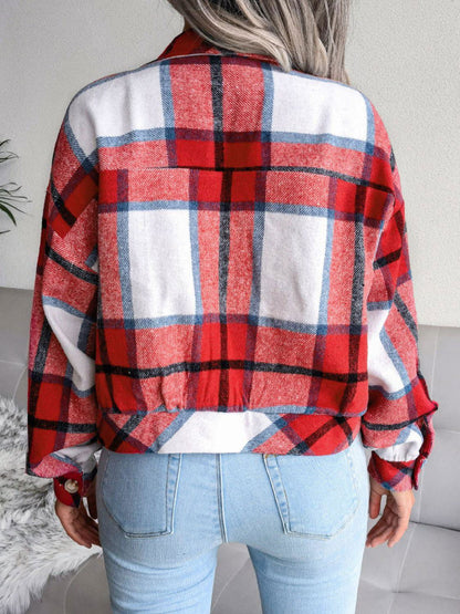 Plaid Collared Neck Drop Shoulder Jacket - Vesteeto