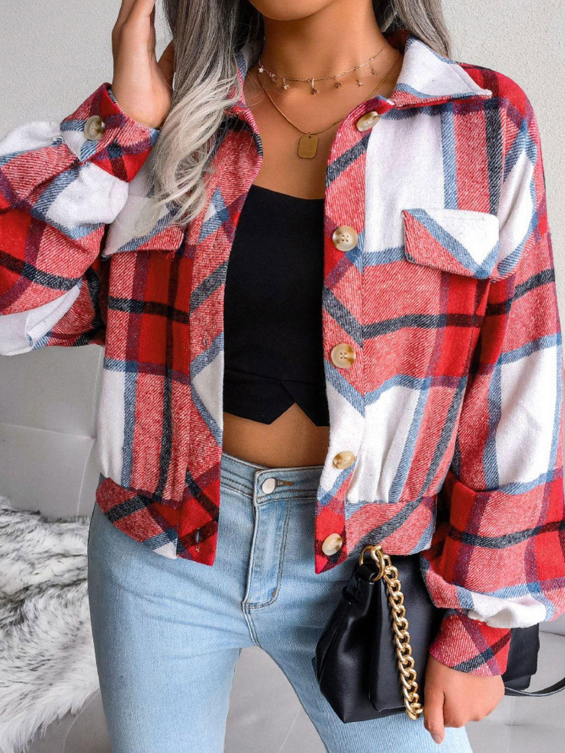 Plaid Collared Neck Drop Shoulder Jacket - Vesteeto