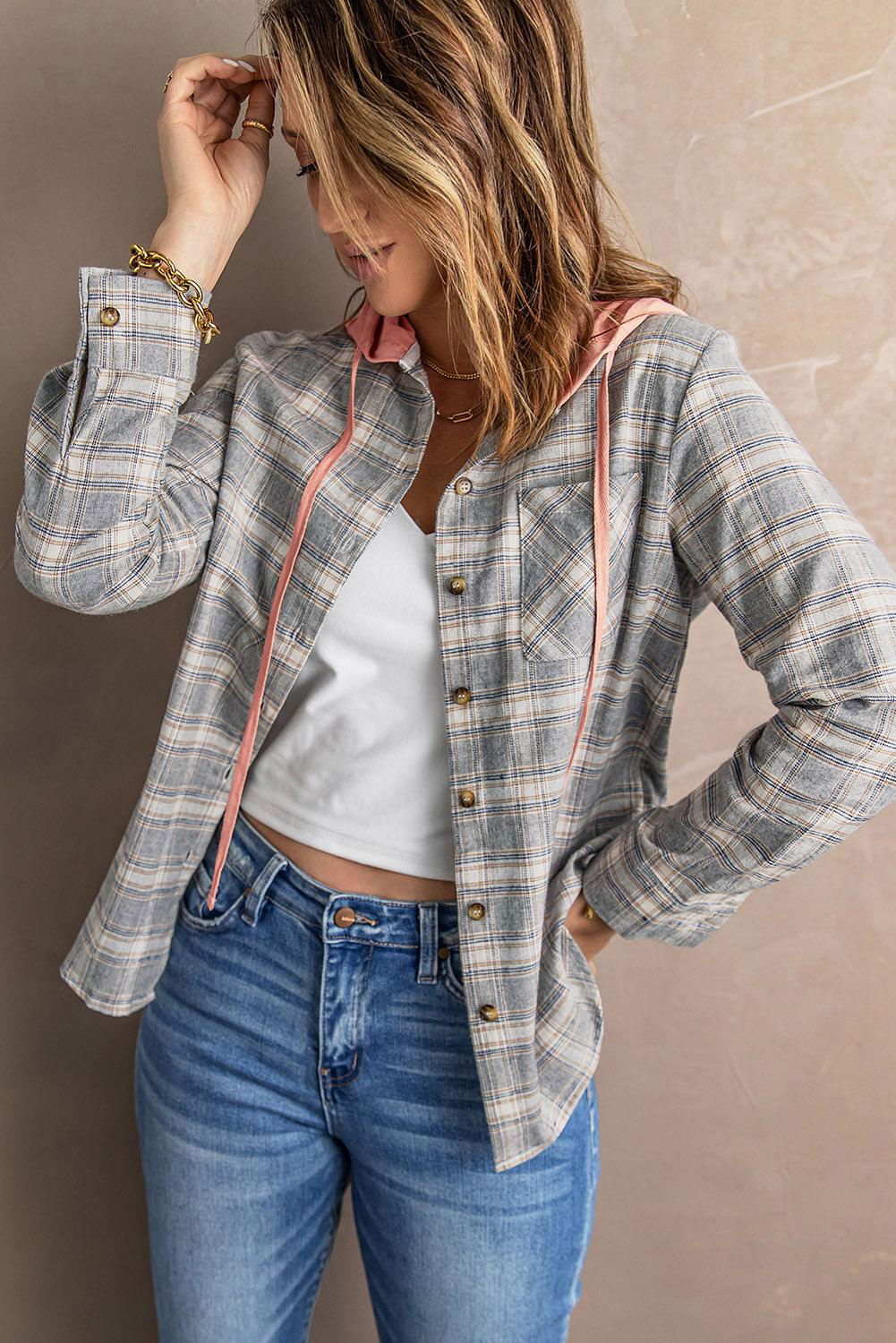 Plaid Drawstring Hooded Shirt Jacket - Vesteeto