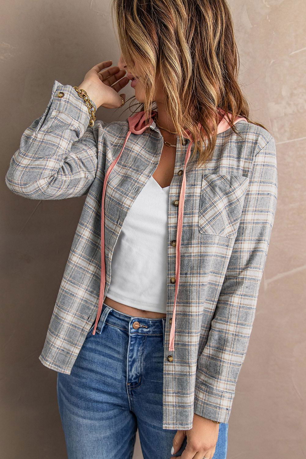 Plaid Drawstring Hooded Shirt Jacket - Vesteeto