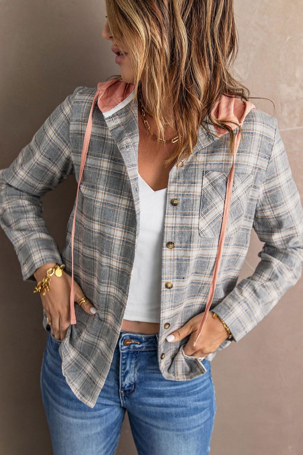 Plaid Drawstring Hooded Shirt Jacket - Vesteeto