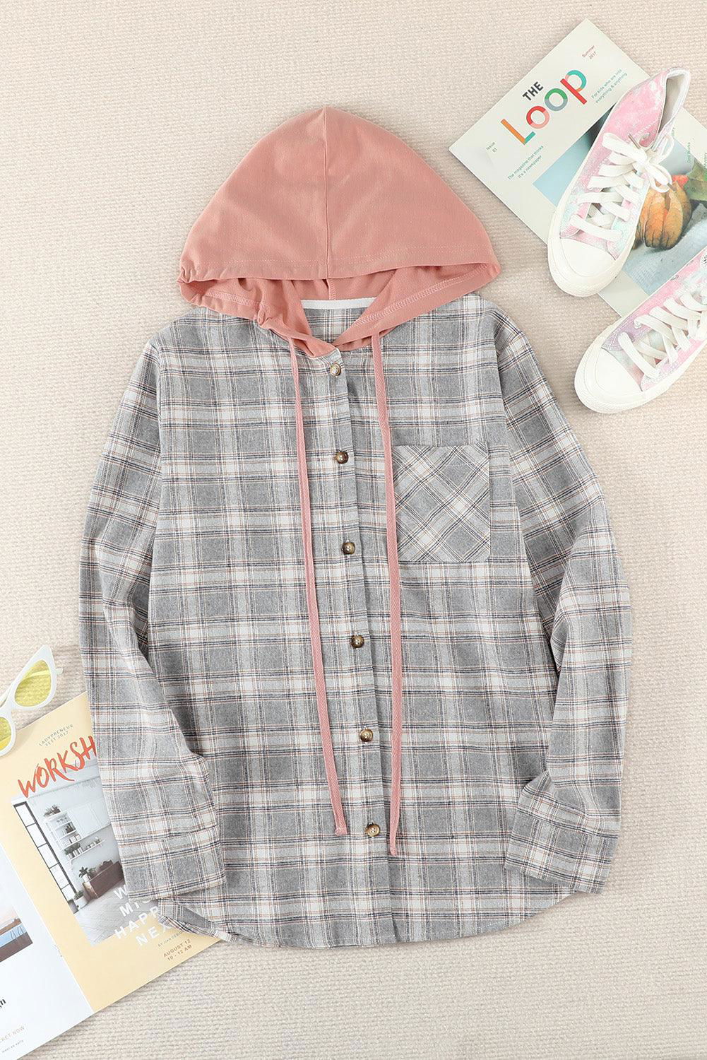 Plaid Drawstring Hooded Shirt Jacket - Vesteeto