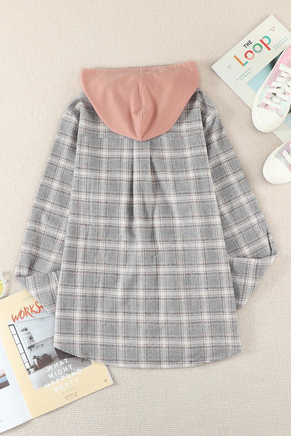 Plaid Drawstring Hooded Shirt Jacket - Vesteeto