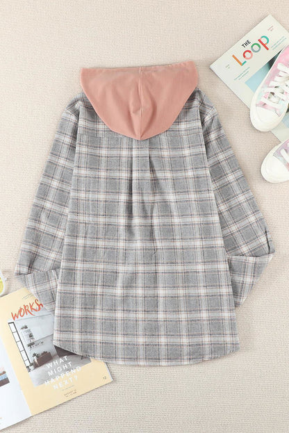 Plaid Drawstring Hooded Shirt Jacket - Vesteeto