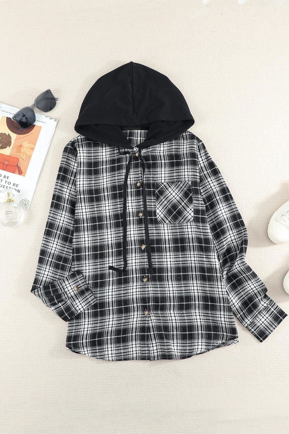 Plaid Drawstring Hooded Shirt Jacket - Vesteeto