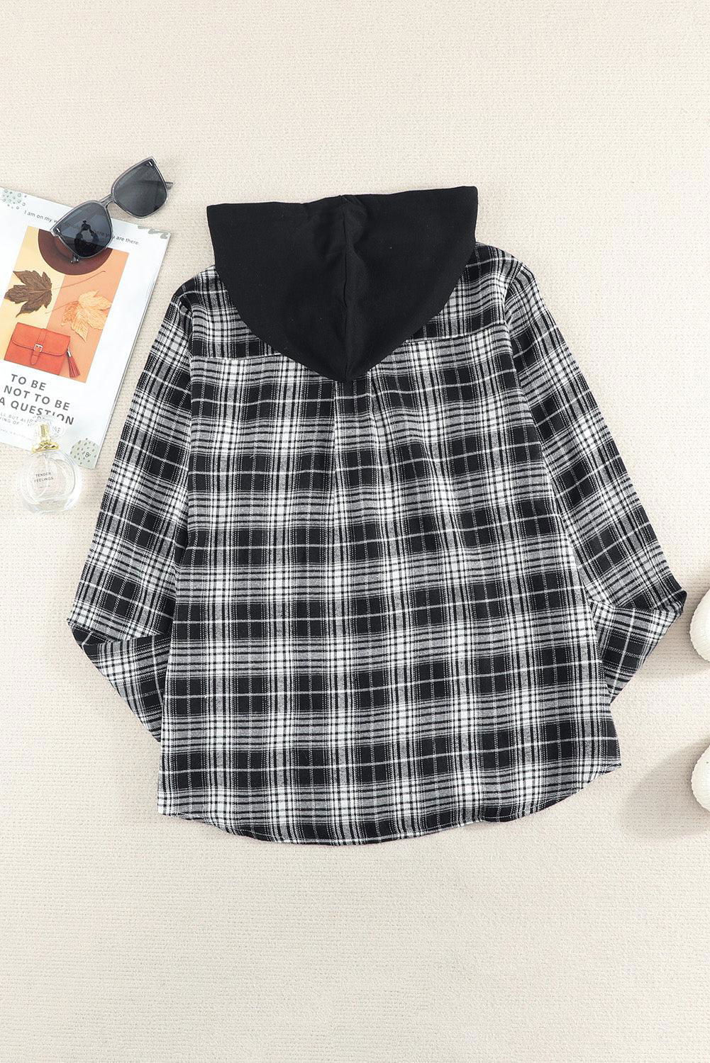 Plaid Drawstring Hooded Shirt Jacket - Vesteeto