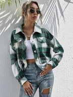 Plaid Dropped Shoulder Shirt Jacket - Vesteeto