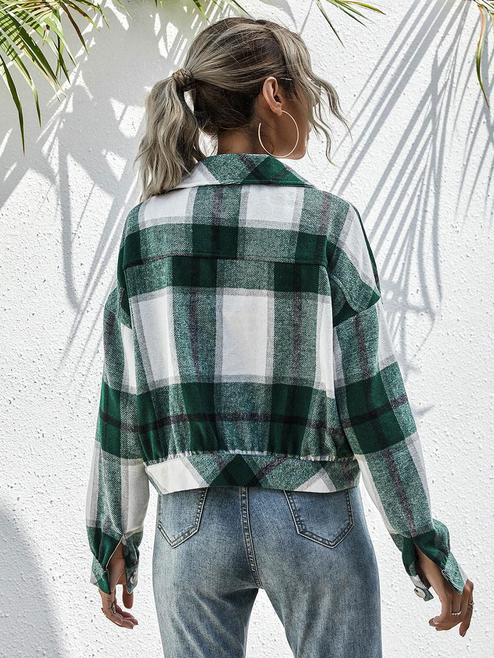 Plaid Dropped Shoulder Shirt Jacket - Vesteeto