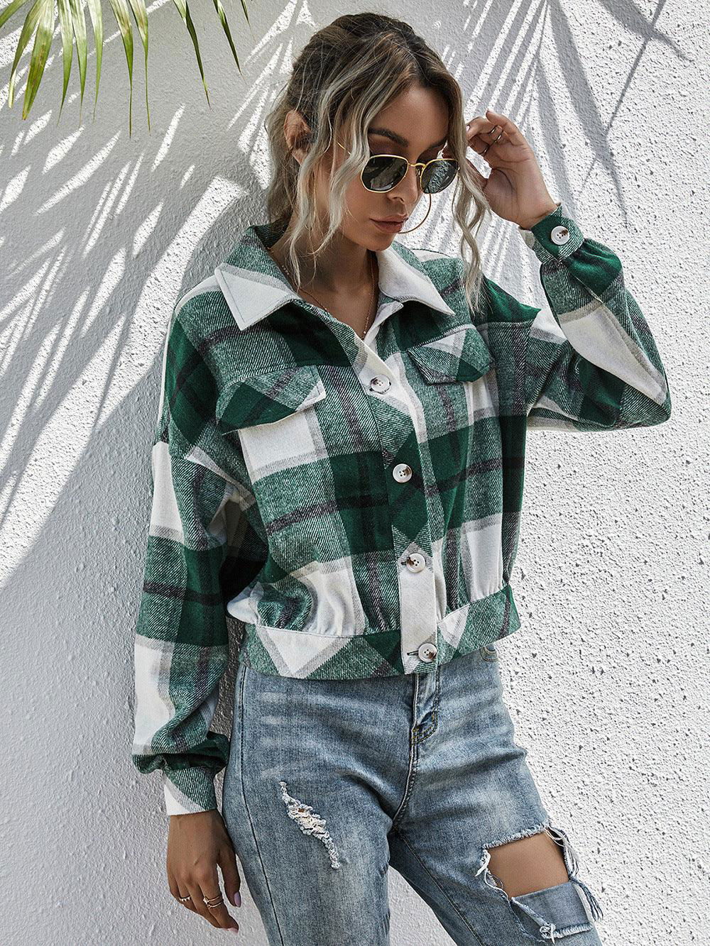 Plaid Dropped Shoulder Shirt Jacket - Vesteeto