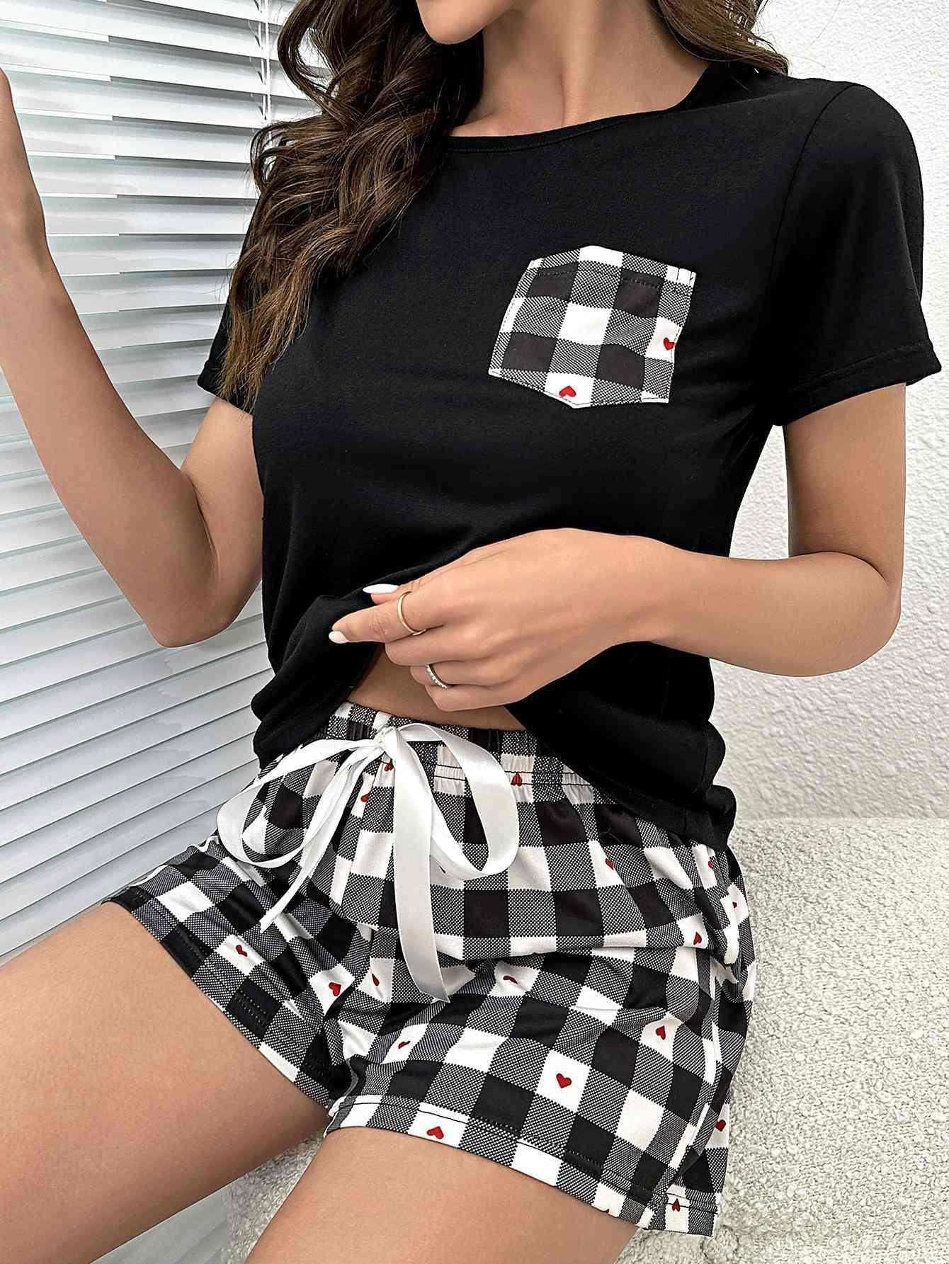 Plaid Heart Top and Shorts Lounge Set - Vesteeto