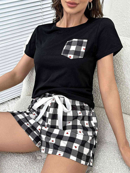 Plaid Heart Top and Shorts Lounge Set - Vesteeto