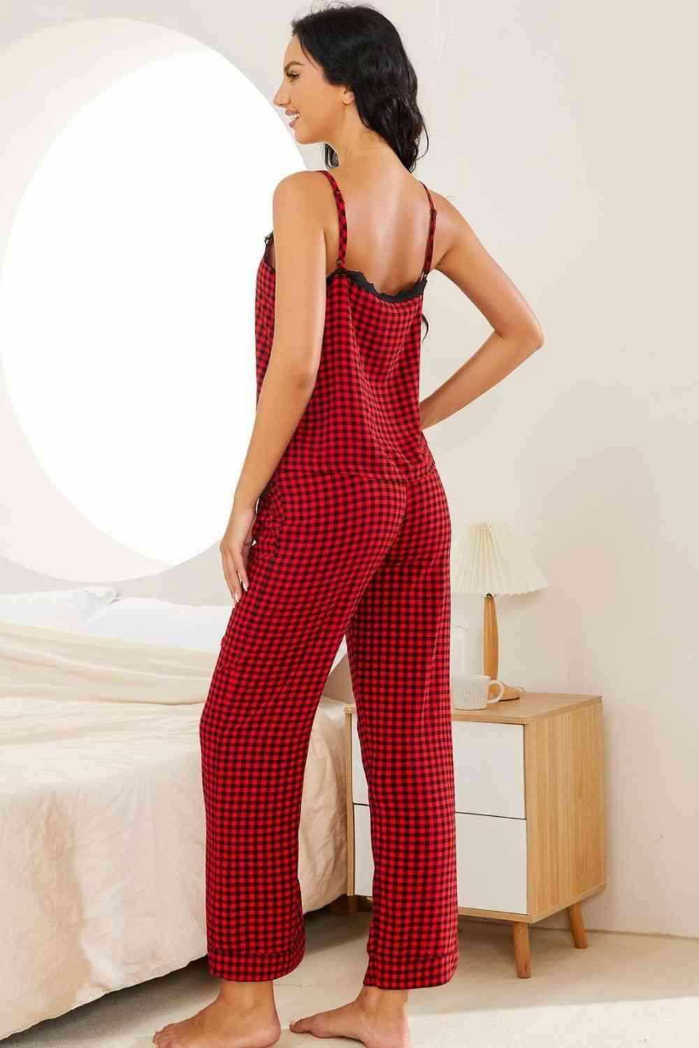 Plaid Lace Trim Cami and Drawstring Pants Pajama Set - Vesteeto