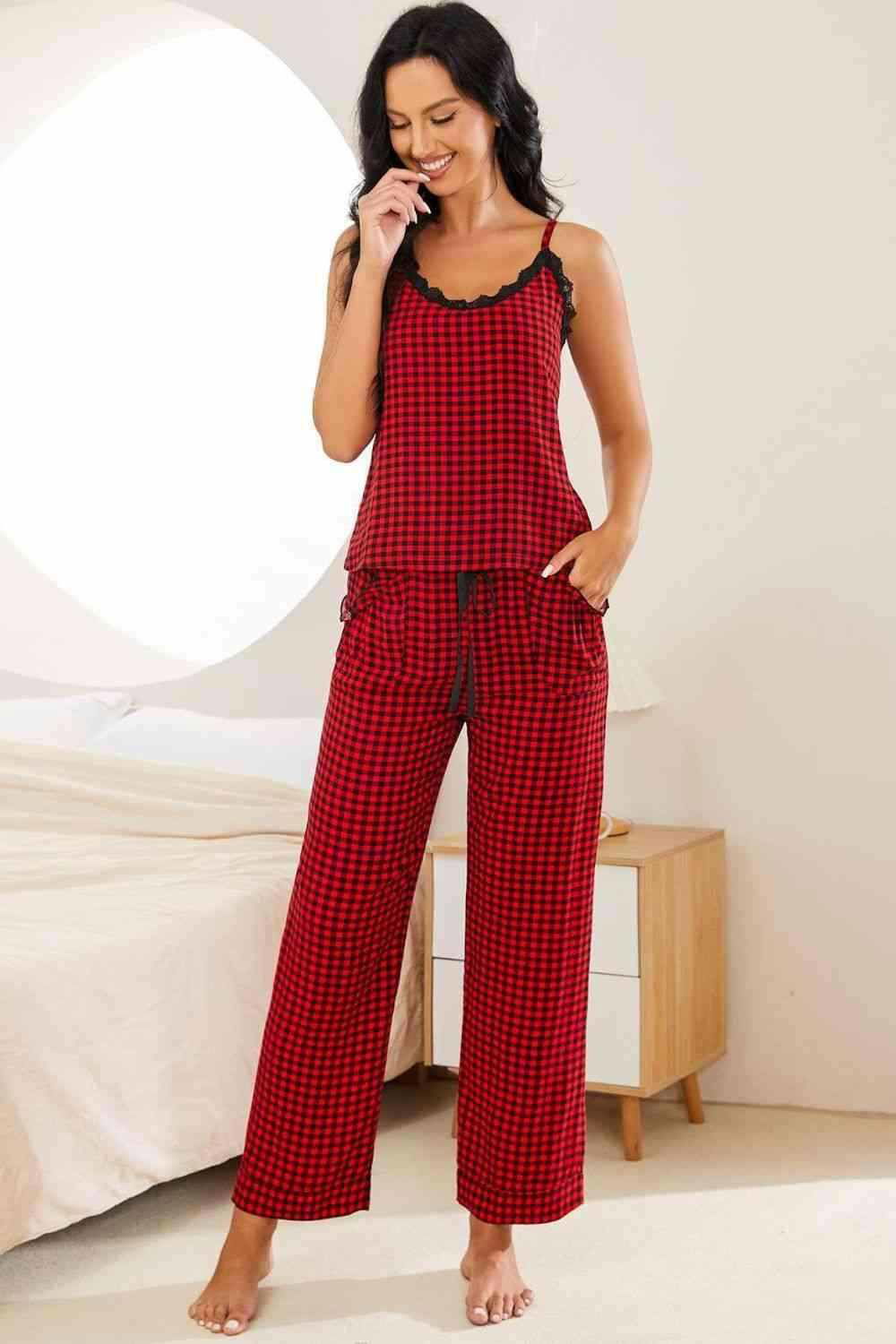 Plaid Lace Trim Cami and Drawstring Pants Pajama Set - Vesteeto