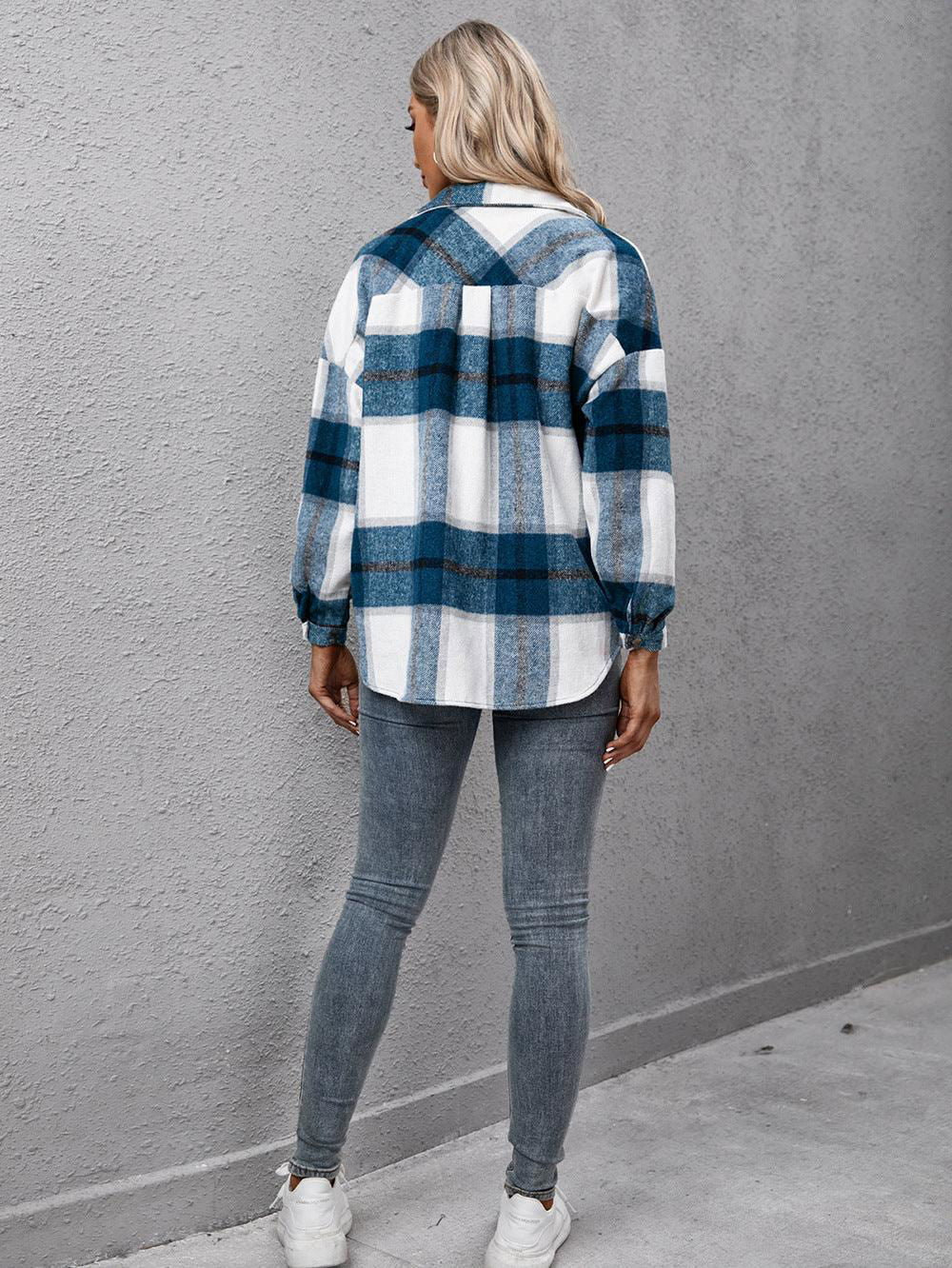 Plaid Long Sleeve Shirt Jacket - Vesteeto