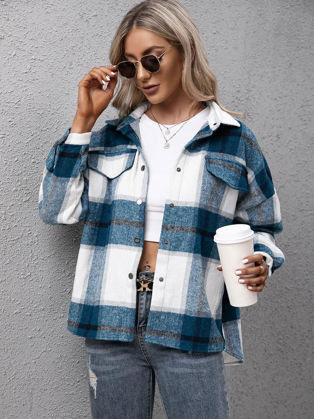 Plaid Long Sleeve Shirt Jacket - Vesteeto