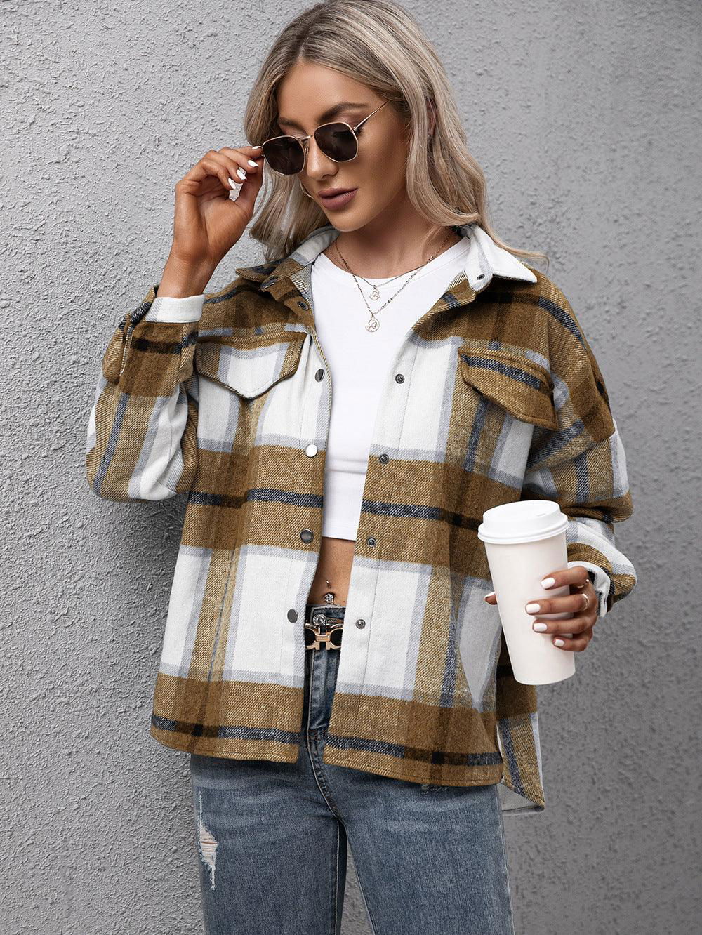 Plaid Long Sleeve Shirt Jacket - Vesteeto