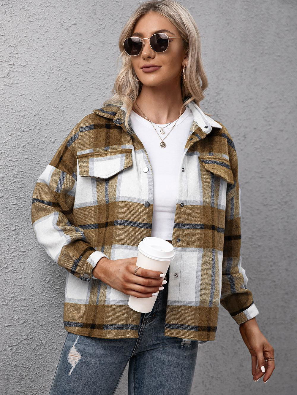 Plaid Long Sleeve Shirt Jacket - Vesteeto