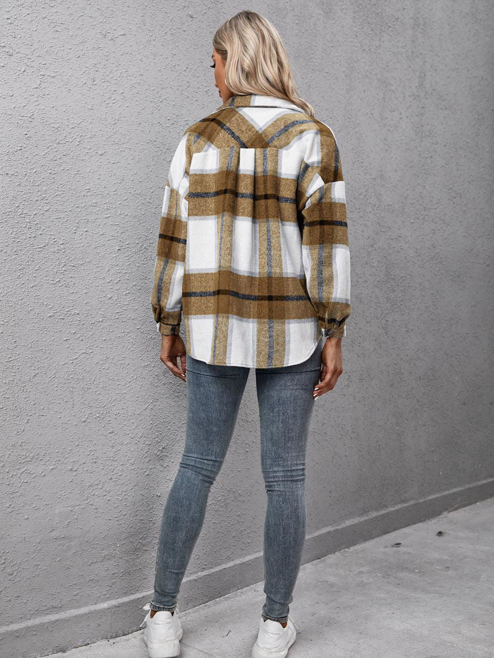 Plaid Long Sleeve Shirt Jacket - Vesteeto