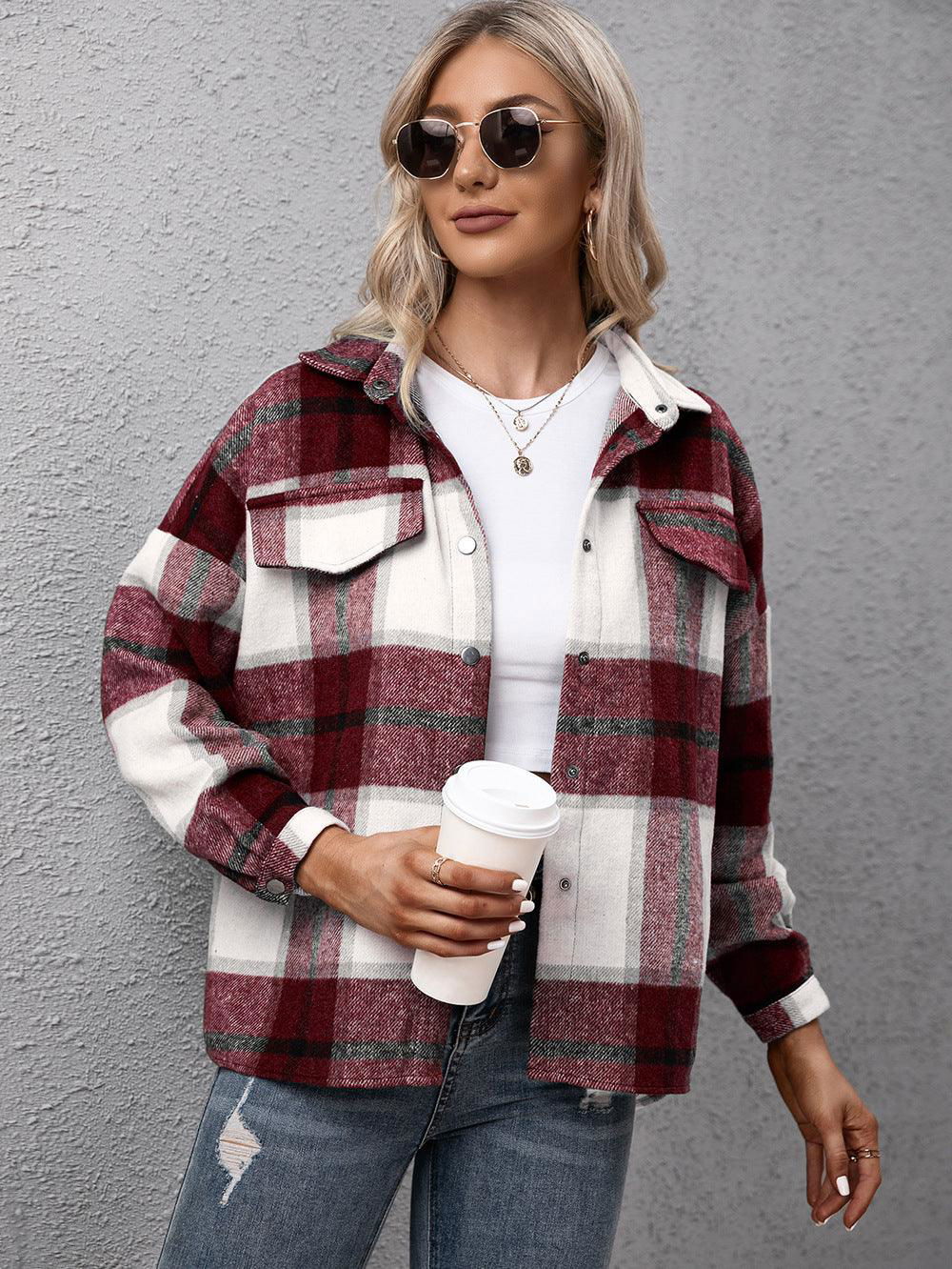 Plaid Long Sleeve Shirt Jacket - Vesteeto