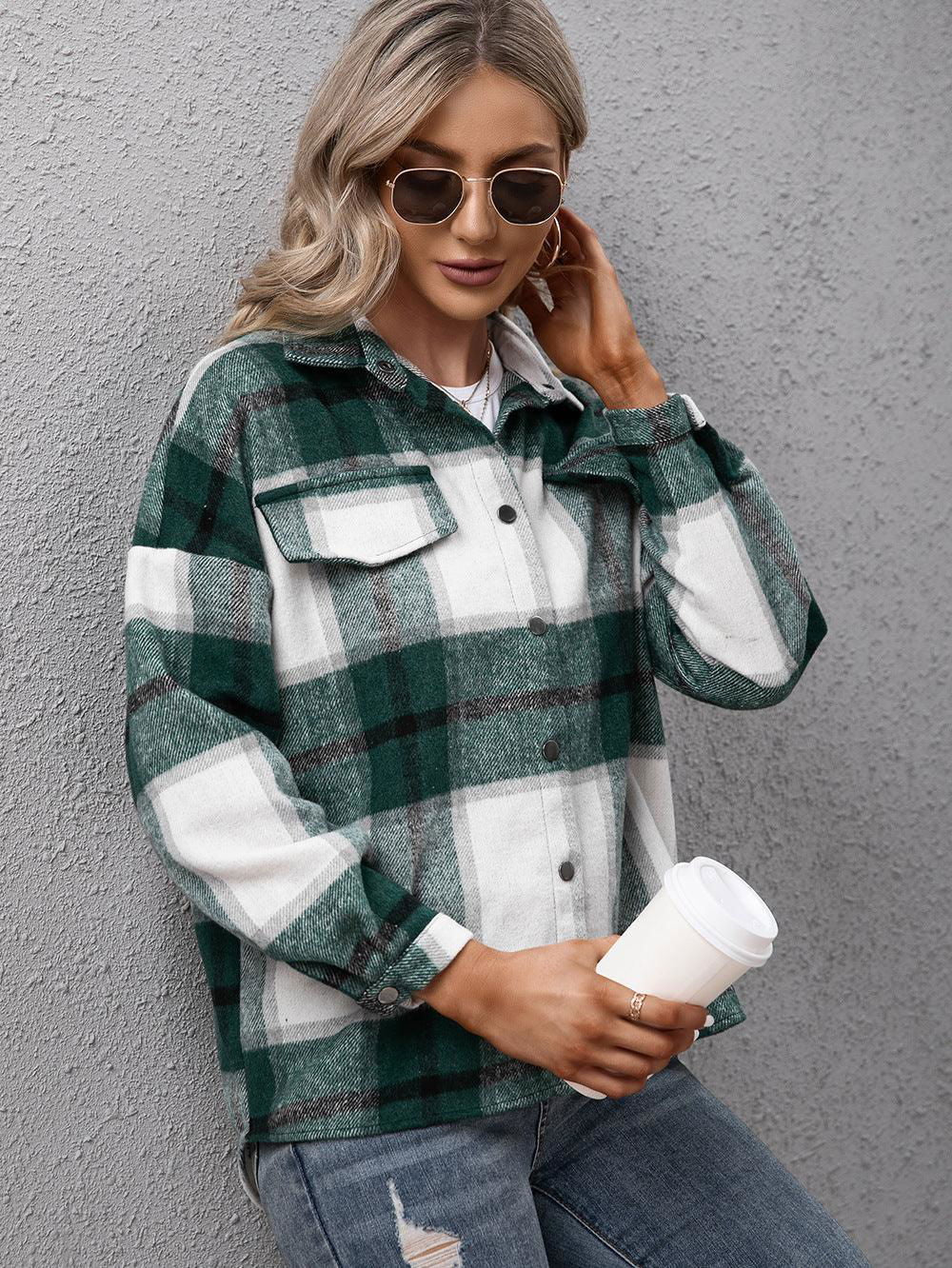 Plaid Long Sleeve Shirt Jacket - Vesteeto