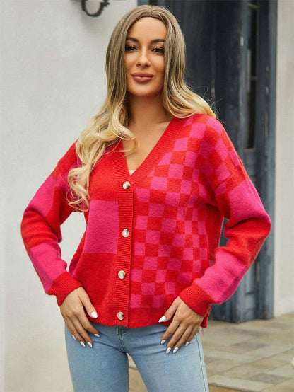 Plaid V-Neck Dropped Shoulder Cardigan - Vesteeto