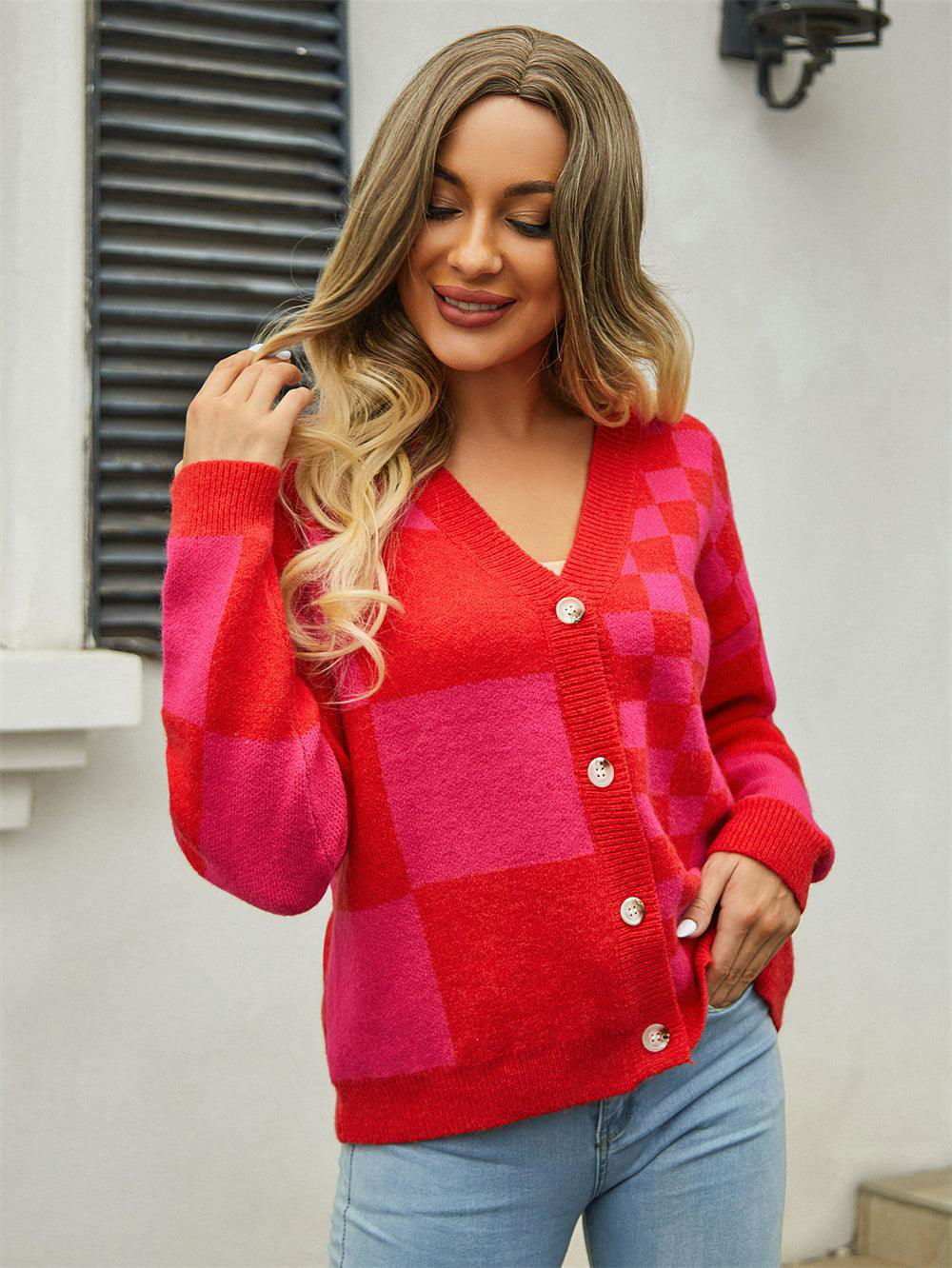 Plaid V-Neck Dropped Shoulder Cardigan - Vesteeto