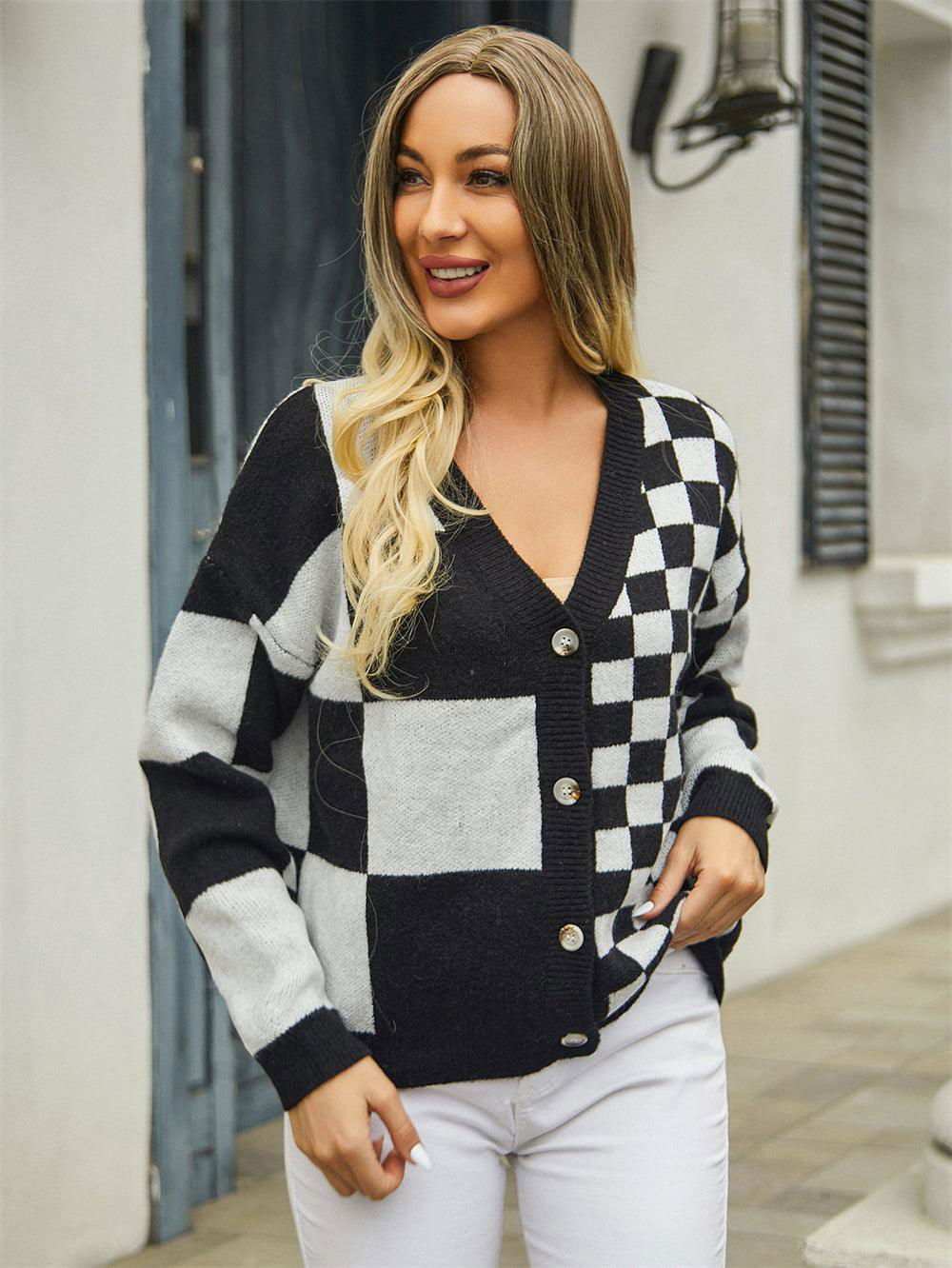 Plaid V-Neck Dropped Shoulder Cardigan - Vesteeto