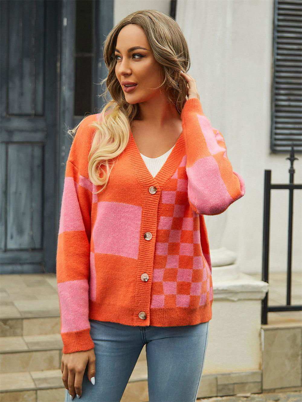 Plaid V-Neck Dropped Shoulder Cardigan - Vesteeto