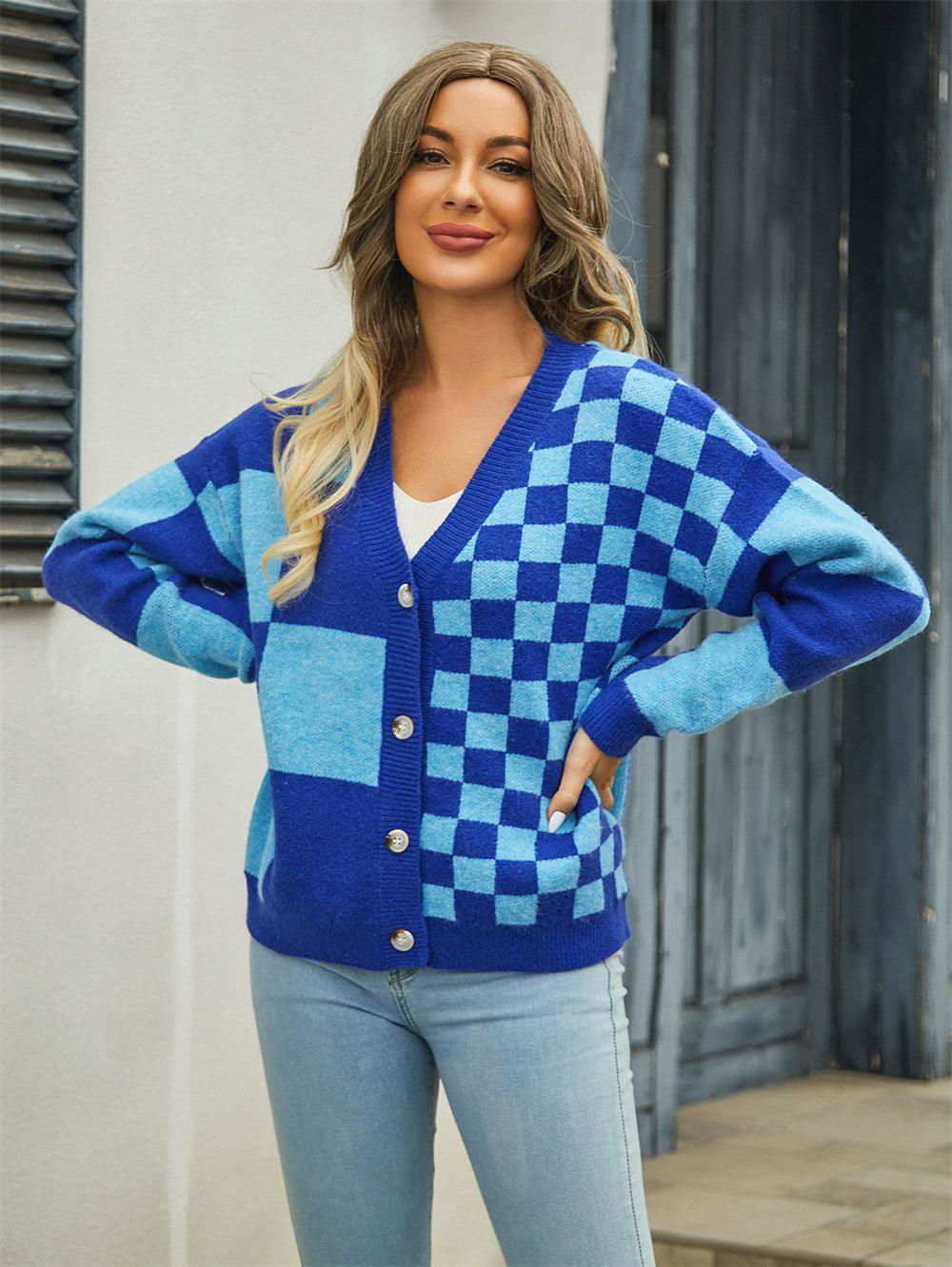 Plaid V-Neck Dropped Shoulder Cardigan - Vesteeto