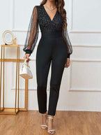 Plunge Long Sleeve Jumpsuit - Vesteeto