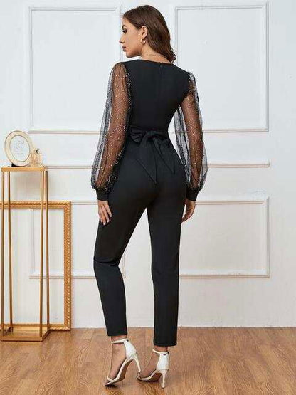 Plunge Long Sleeve Jumpsuit - Vesteeto