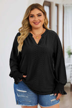 Plus Size Eyelet Notched Flounce Sleeve Blouse - Vesteeto