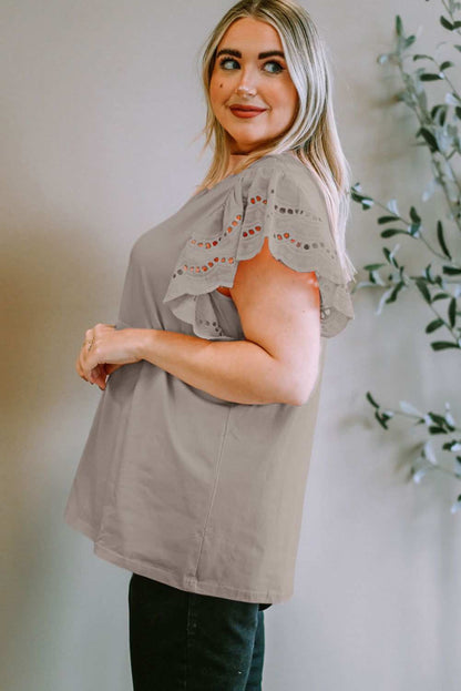 Plus Size Eyelet Round Neck Short Sleeve Blouse - Vesteeto