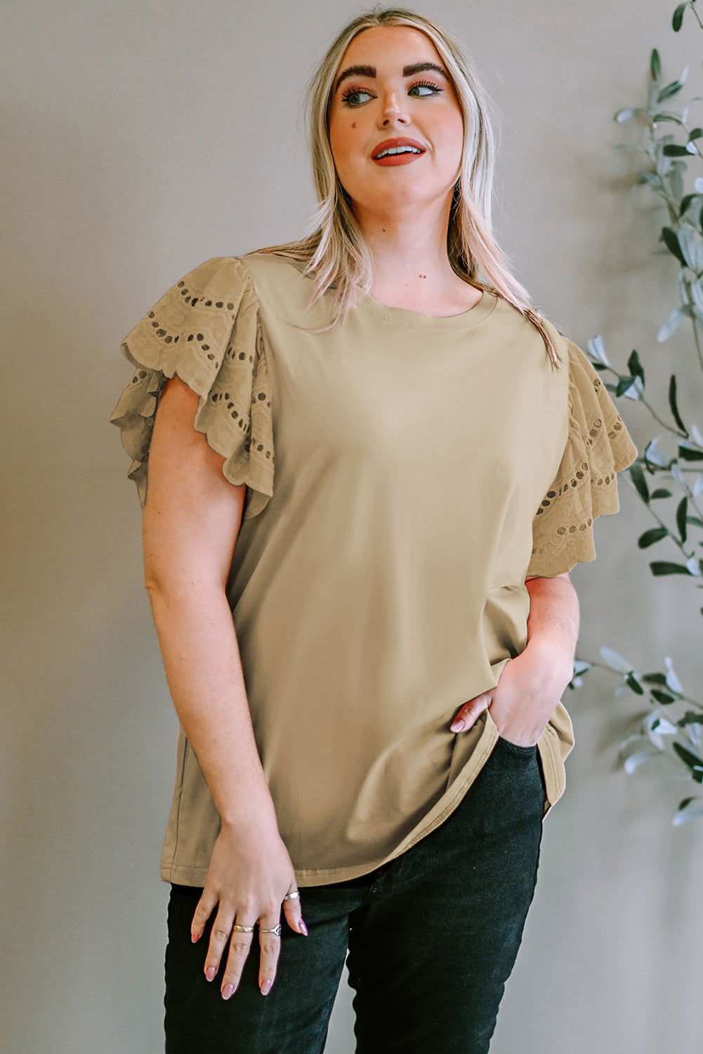 Plus Size Eyelet Round Neck Short Sleeve Blouse - Vesteeto