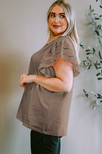 Plus Size Eyelet Round Neck Short Sleeve Blouse - Vesteeto