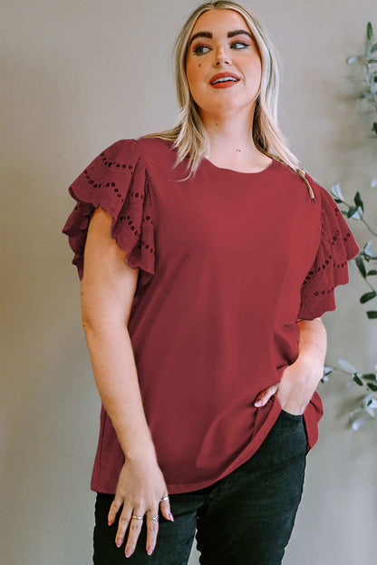 Plus Size Eyelet Round Neck Short Sleeve Blouse - Vesteeto