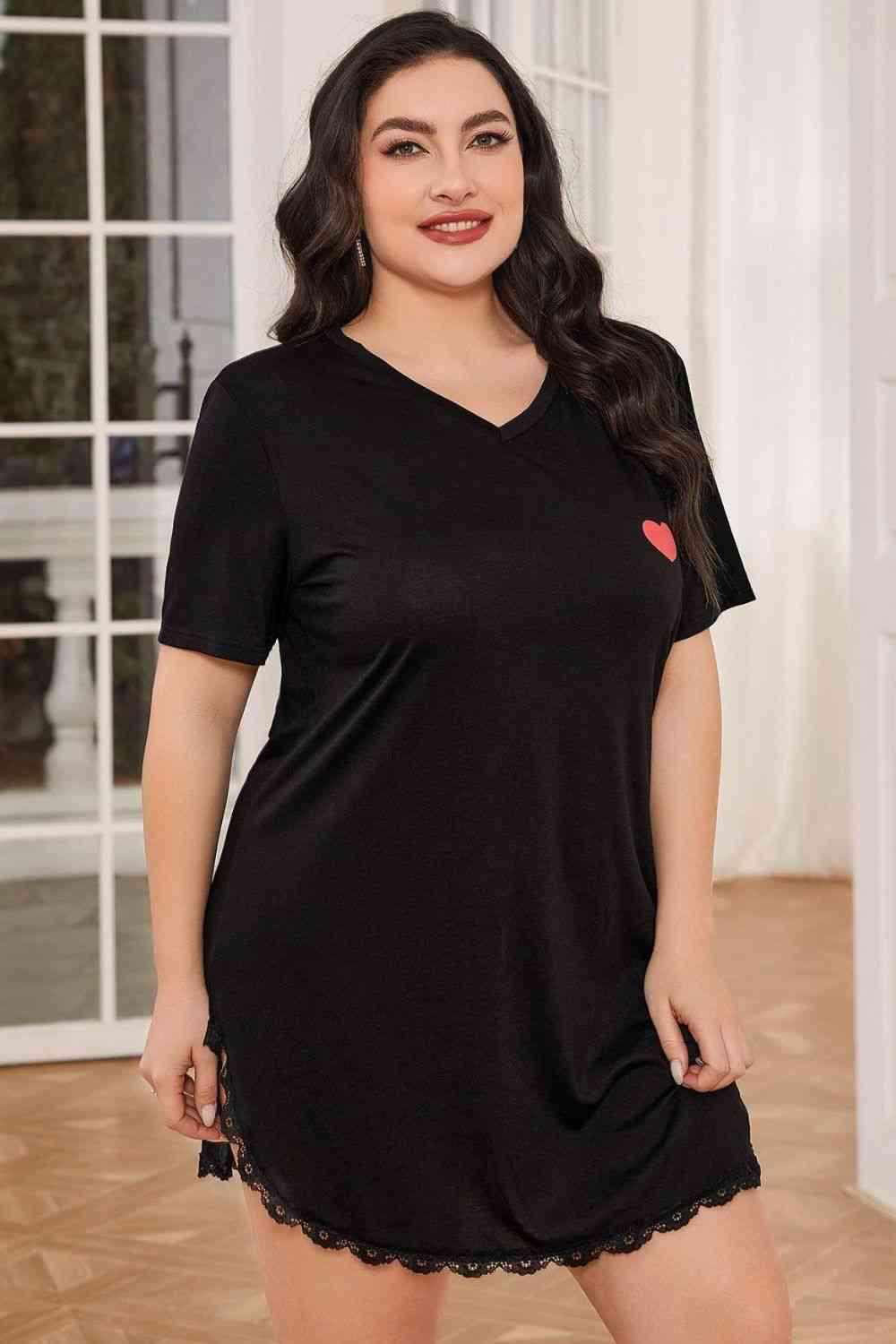 Plus Size Lace Trim V-Neck Short Sleeve Night Dress - Vesteeto