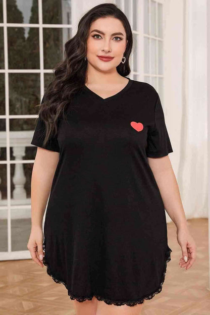 Plus Size Lace Trim V-Neck Short Sleeve Night Dress - Vesteeto