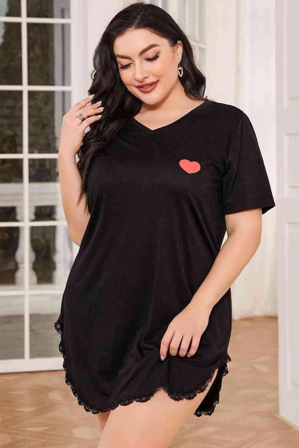 Plus Size Lace Trim V-Neck Short Sleeve Night Dress - Vesteeto