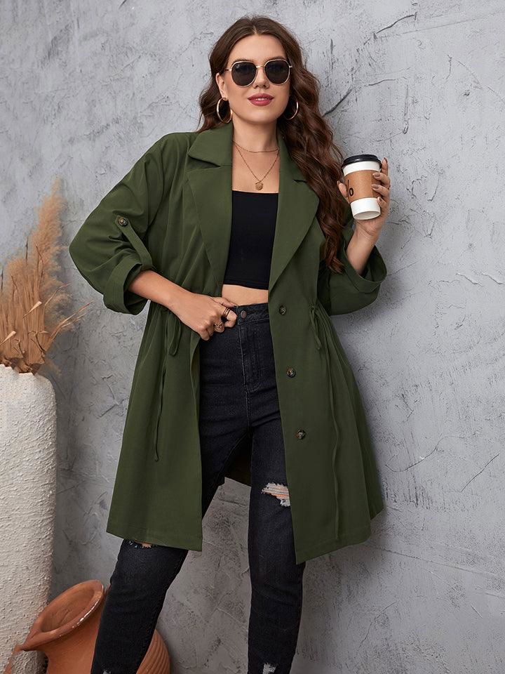 Plus Size Lapel Collar Roll-Tab Sleeve Trench Coat - Vesteeto