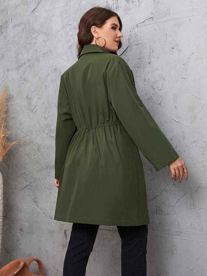 Plus Size Lapel Collar Roll-Tab Sleeve Trench Coat - Vesteeto