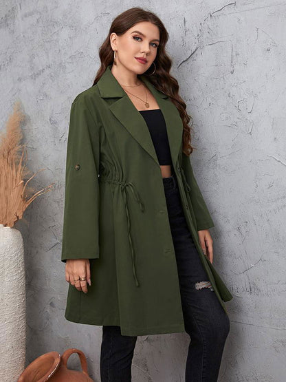 Plus Size Lapel Collar Roll-Tab Sleeve Trench Coat - Vesteeto