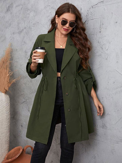 Plus Size Lapel Collar Roll-Tab Sleeve Trench Coat - Vesteeto