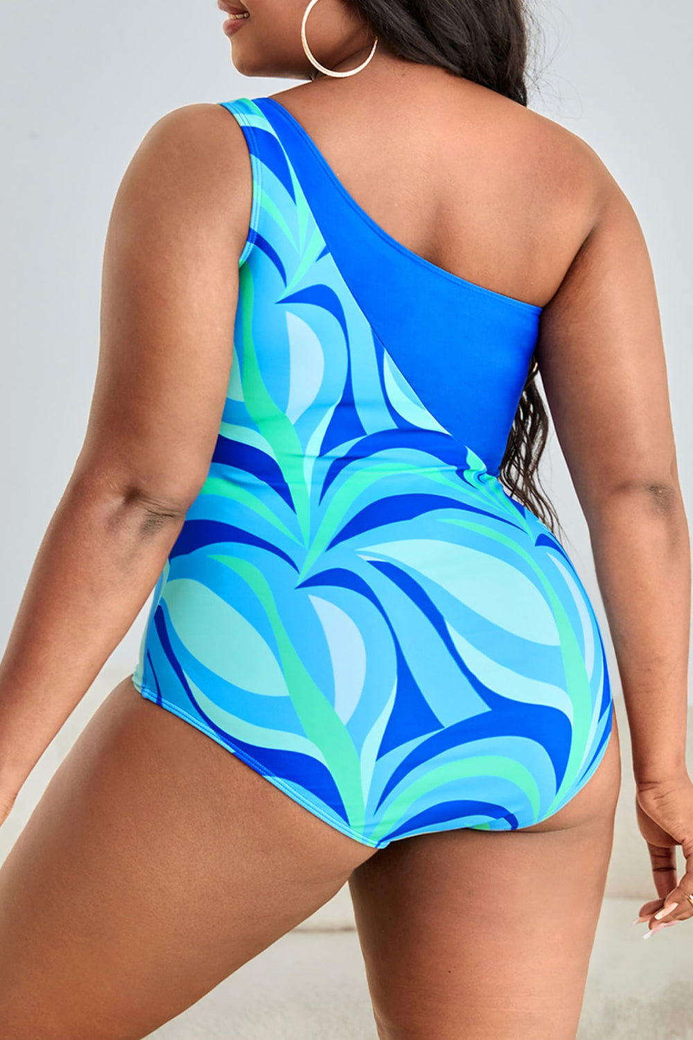 Plus Size Printed Ring Detail One-Shoulder One-Piece Swimsuit - Vesteeto